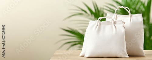 Two eco-friendly bags on a wooden table with green plants.