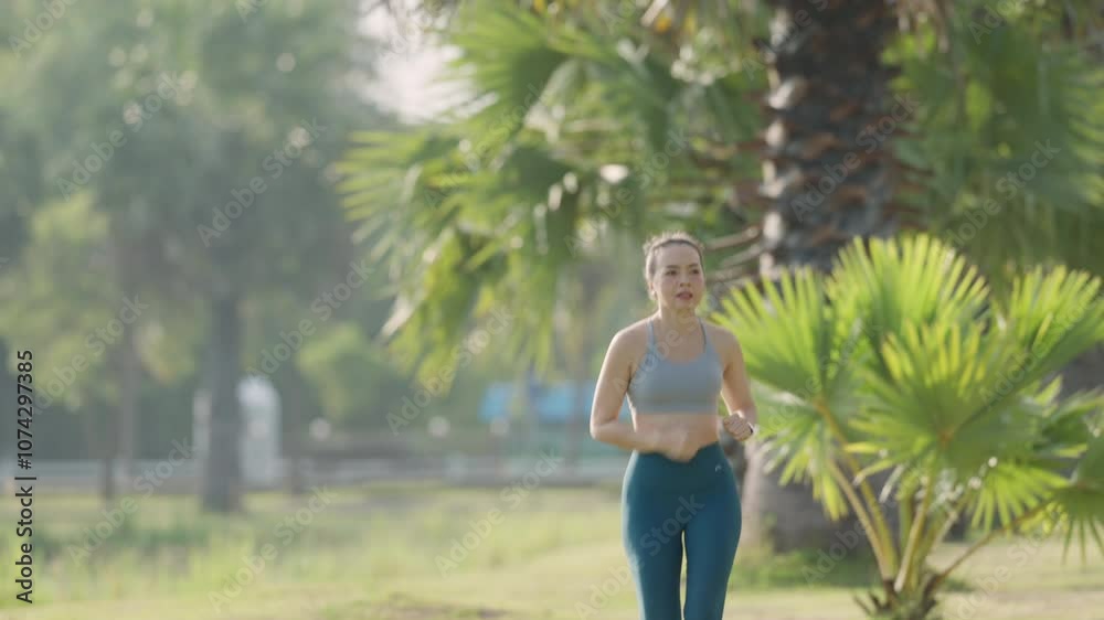 A woman is running in a park with palm trees in the background. Concept of relaxation and leisure, as the woman enjoys her run in a peaceful outdoor setting A woman is running in a park with palm trees in the background. Concept of relaxation and leisure, as the woman enjoys her run in a peaceful outdoor setting