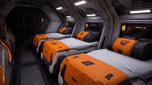 Fototapeta Naklejka Na Ścianę i Meble -  Futuristic Spaceship Cabin Interior Design with Beds and Orange Pillows