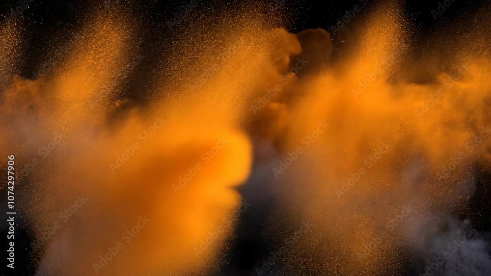 Orange powder explodes against a black background, creating a swirling cloud of color