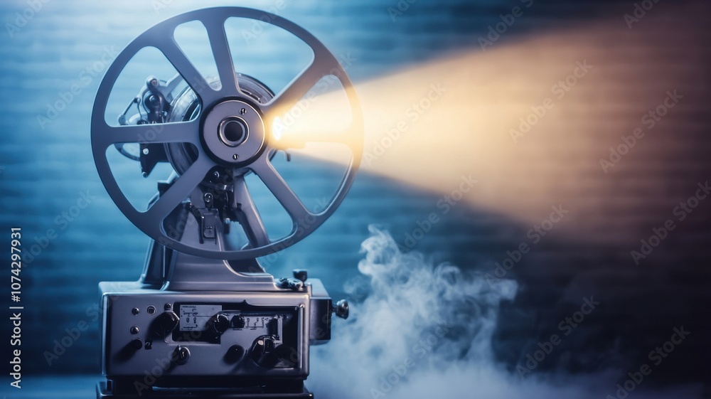 Fototapeta premium Vintage film projector shining light in dark room.
