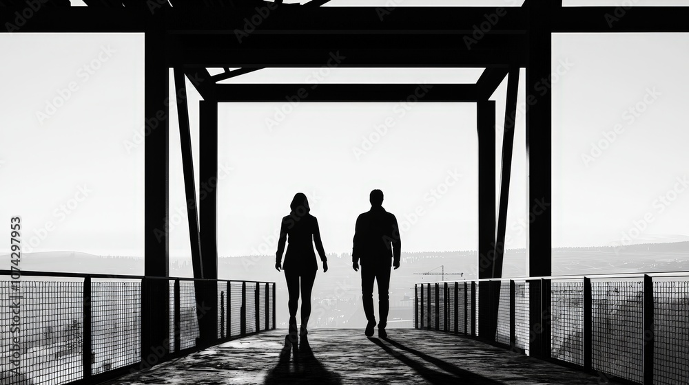 Silhouette Couple Walking on Bridge Black and White Architecture Love Romance Silhouette Couple Walking on Bridge Black and White Architecture Love Romance