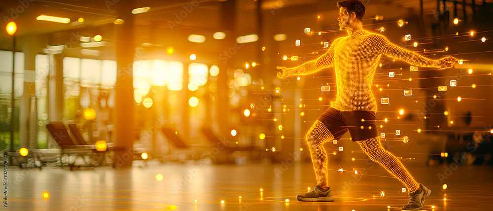 Young man practicing in a gym with glowing digital elements representing fitness technology and innovation for optimal performance and health improvements. Young man practicing in a gym with glowing digital elements representing fitness technology and innovation for optimal performance and health improvements.