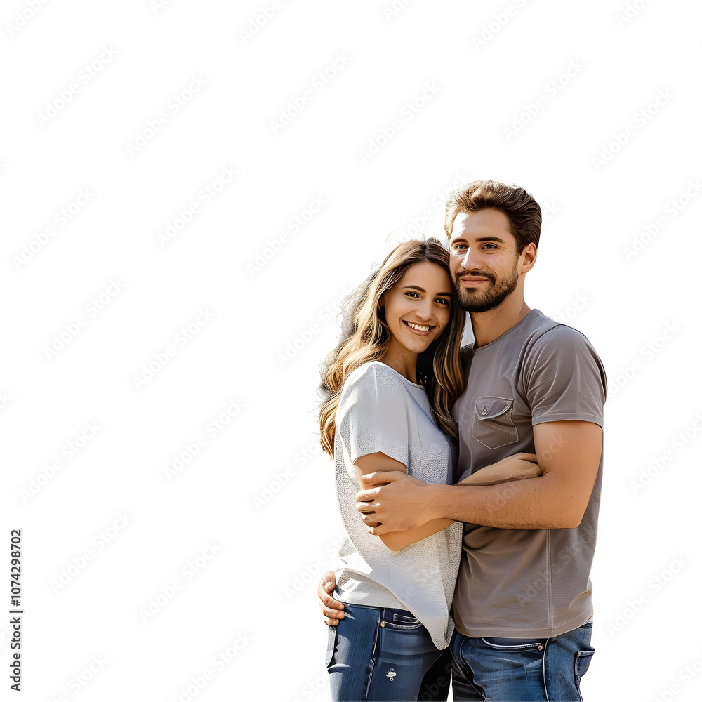 Smiling couple embracing in front of a modern house with a transparent background. Smiling couple embracing in front of a modern house with a transparent background.