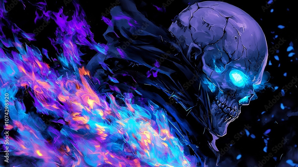 Obraz premium Necromancer's Haunting Face Engulfed in Intense Blue Flames and Glowing Embers