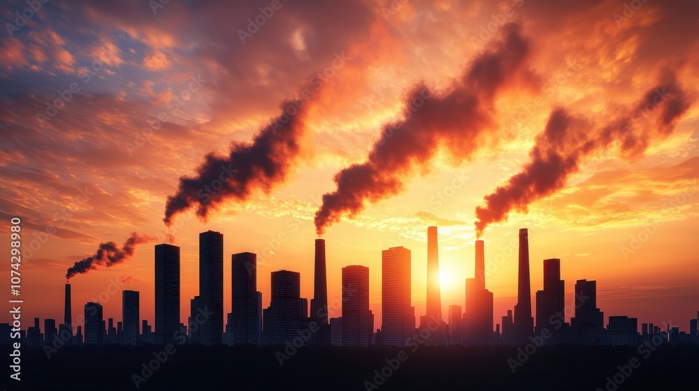 A skyline at sunset with smoke billowing from buildings, highlighting urban pollution and environmental concerns. A skyline at sunset with smoke billowing from buildings, highlighting urban pollution and environmental concerns.