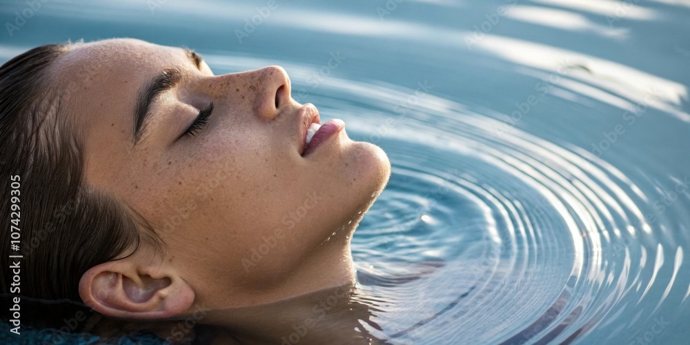 Naklejka premium Deep Breathing A closeup of a persons face eyes closed and expression serene as they take a deep breath in. The air is visually represented as gentle ripples surrounding their