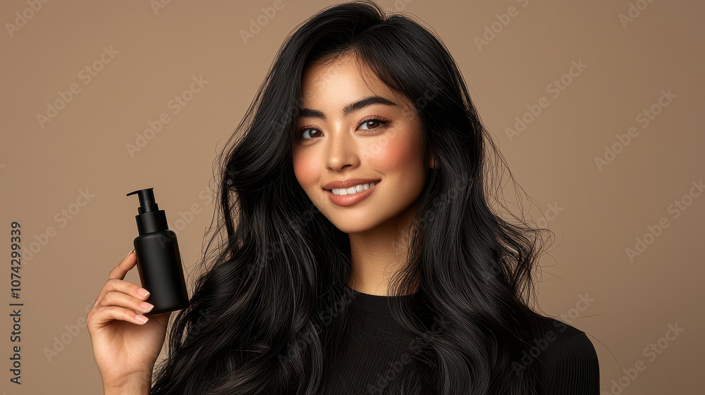 A young woman with long, dark hair smiles while holding a black hair product against a neutral background. A young woman with long, dark hair smiles while holding a black hair product against a neutral background.