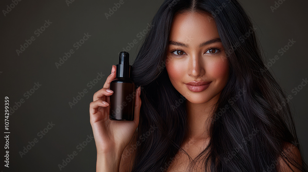 A woman with long, curly hair smiles while holding a beauty serum in a dark, neutral setting. A woman with long, curly hair smiles while holding a beauty serum in a dark, neutral setting.