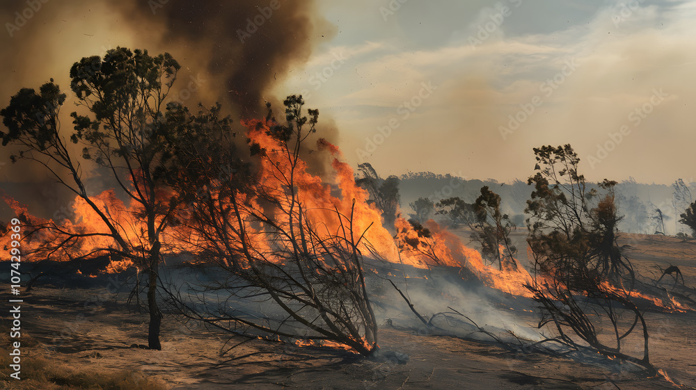 Fototapeta premium A wildfire burning through a forested area with trees and dry grass engulfed in flames, creating a smoky and intense atmosphere.