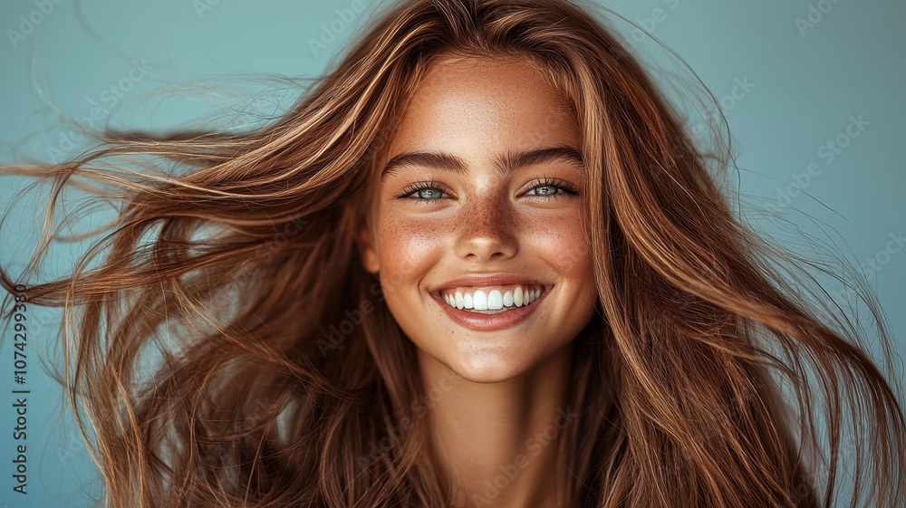 A cheerful young woman with flowing hair smiles brightly against a blue background, radiating joy and confidence.