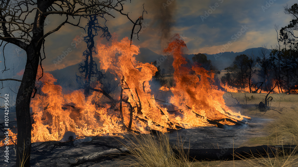 Fototapeta premium A wildfire burning through a forested area with trees and dry grass engulfed in flames, creating a smoky and intense atmosphere.