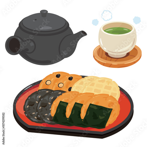 お盆に盛られた色々な煎餅とお茶セット