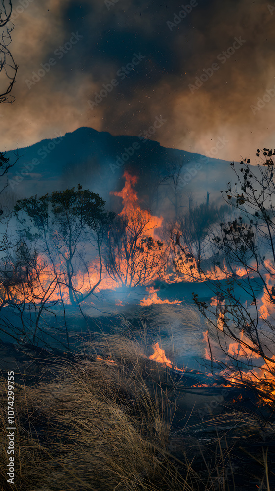 Obraz premium A wildfire burning through a forested area with trees and dry grass engulfed in flames, creating a smoky and intense atmosphere.