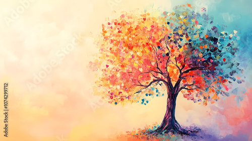 Colorful tree of life painting with vibrant leaves and soft background