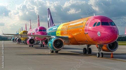 A vibrant lineup of differently colored airplanes at the airport under a cloudy sky in the afternoon
