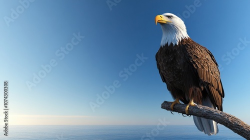 A majestic eagle perched on a branch, overlooking a serene ocean landscape under a clear blue sky.