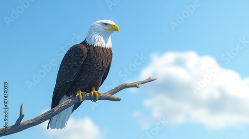 A majestic eagle perches on a branch against a clear blue sky, showcasing its striking feathers and sharp gaze.