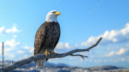 A majestic eagle perched on a branch against a bright blue sky, showcasing its sharp features and striking plumage.