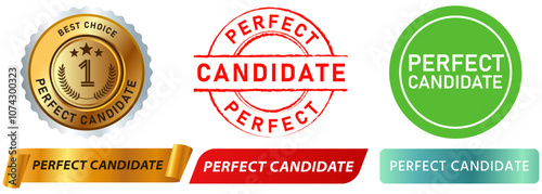 Perfect candidate working stamp recruitment badge round sticker label banner colorful hiring hired worker design icon collection emblem