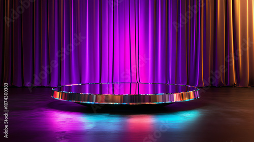 Purple velvet curtain product  podium stage. Purple reflective threater podium exhibit stage. Stage with curtains. Purple curtains background with spotlight. Stage curtains with spotlight photo