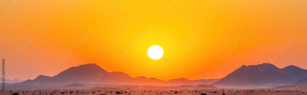 Obraz premium Desert sunset with mountains silhouetted against a vibrant orange sky.
