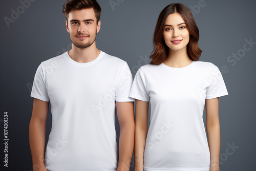 T-shirt design, people concept - closeup of young woman and man in blank white shirt, front isolated. Mock up template for design print 