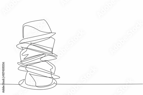 National Hat Day. One continuous line drawing stack of classic elegance hats. Various caps pile. Casual headdress for unformal event concept. Single line draw vector art graphic illustration