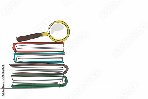 National Thesaurus Day. Annual celebration event. One single line drawing of thick text book stack with magnifying glass above. Educational concept with copy space web banner, poster, flyer design