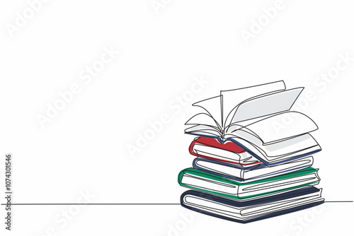 National Thesaurus Day. One single line stack of books with open page book above it. High educational concept. Continuous line draw vector graphic illustration artwork