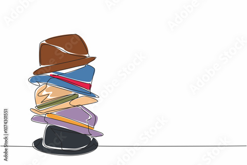 National Hat Day. One continuous line drawing stack of classic elegance hats. Various caps pile. Casual headdress for unformal event concept. Single line draw vector art graphic illustration