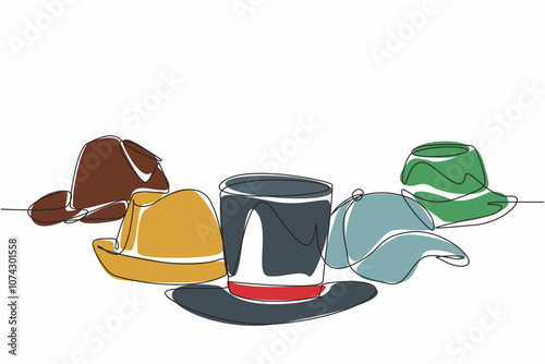 National Hat Day. Annual celebration event. One single line drawing of various type of caps lined up. Formal, relax, casual, and classic hats version. Fashionable headgear concept. Vector art design