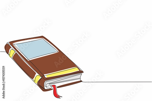 National Thesaurus Day. Single continuous line drawing of thick fairytale story book with a ribbon bookmark. Legendary folklore story concept. One line draw graphic design art vector illustration