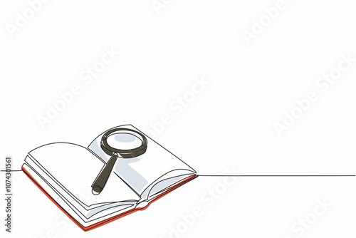 Happy National Thesaurus Day. One continuous line drawing of opened book full of important information with magnifying glass laying above it. College lesson textbook concept. Single line draw design