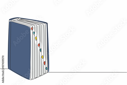 National Thesaurus Day. One continuous line drawing of standing thick dictionary book with some bookmarks. College educational concept. Single line vector illustration graphic design artwork