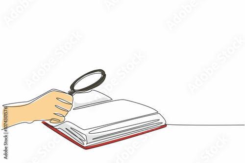 National Thesaurus Day. Single continuous line drawing person hand holding magnifier glass and searching significant information from opened old script book. Digging knowledge from the source concept