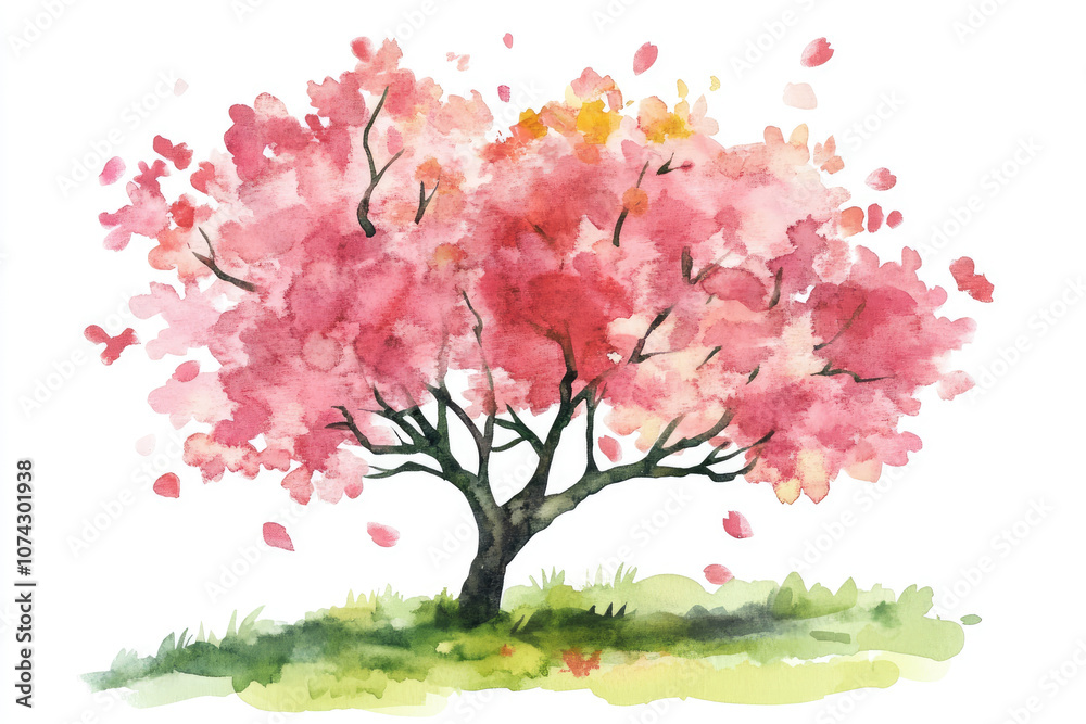 Fototapeta premium Watercolor Delightful Pink Cherry Blossom Tree Illustration