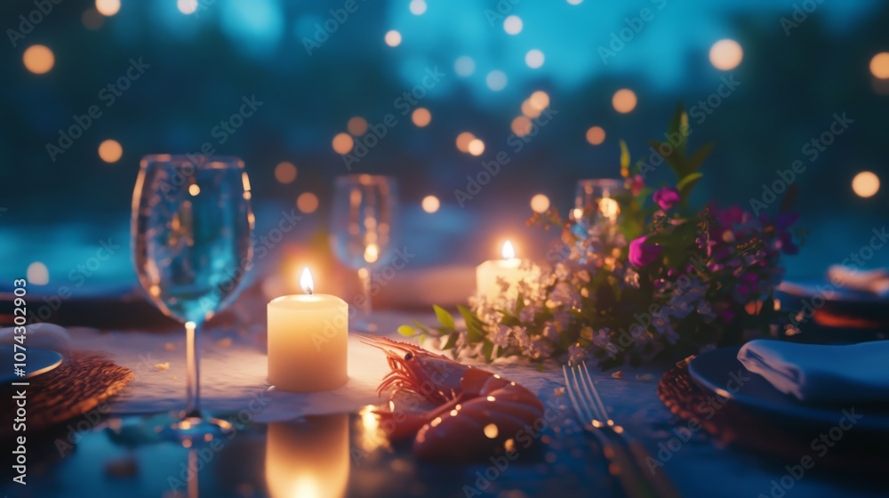Romantic seafood dinner setting with candles and flowers