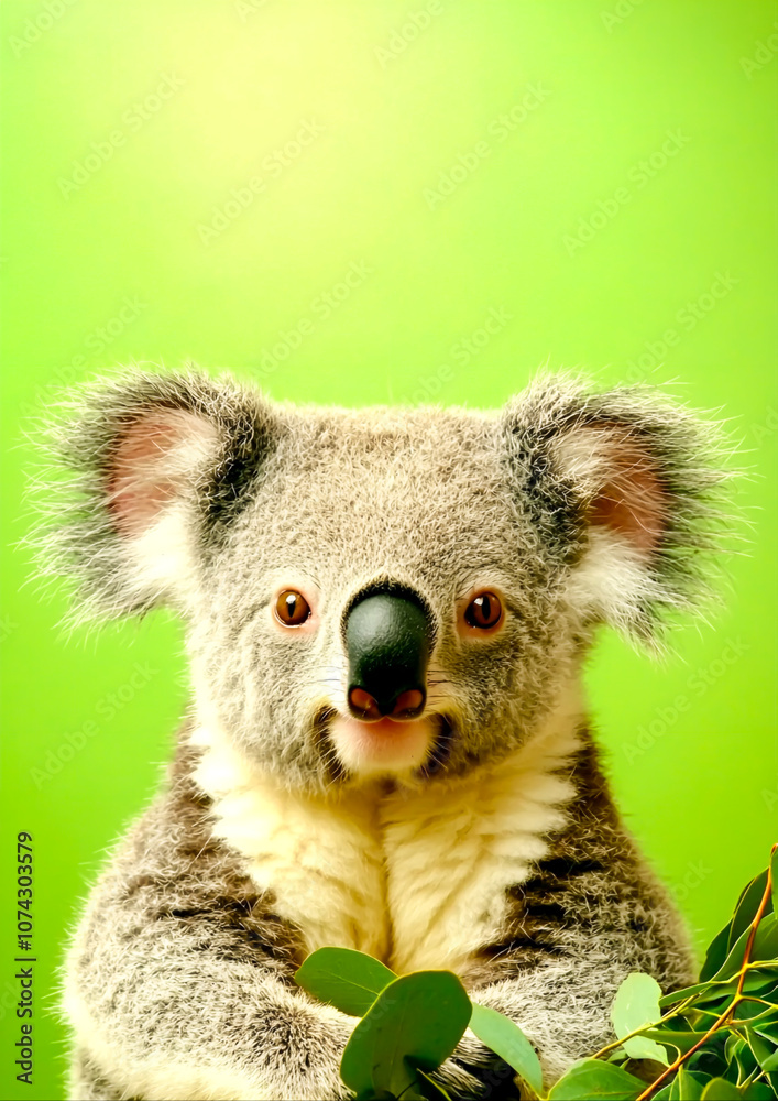 Charming Close-Up of a Koala Bear on a Bright Green Backdrop Surrounded by Eucalyptus Leaves, Showcasing Adorable Features and Natural Habitat Charming Close-Up of a Koala Bear on a Bright Green Backdrop Surrounded by Eucalyptus Leaves, Showcasing Adorable Features and Natural Habitat