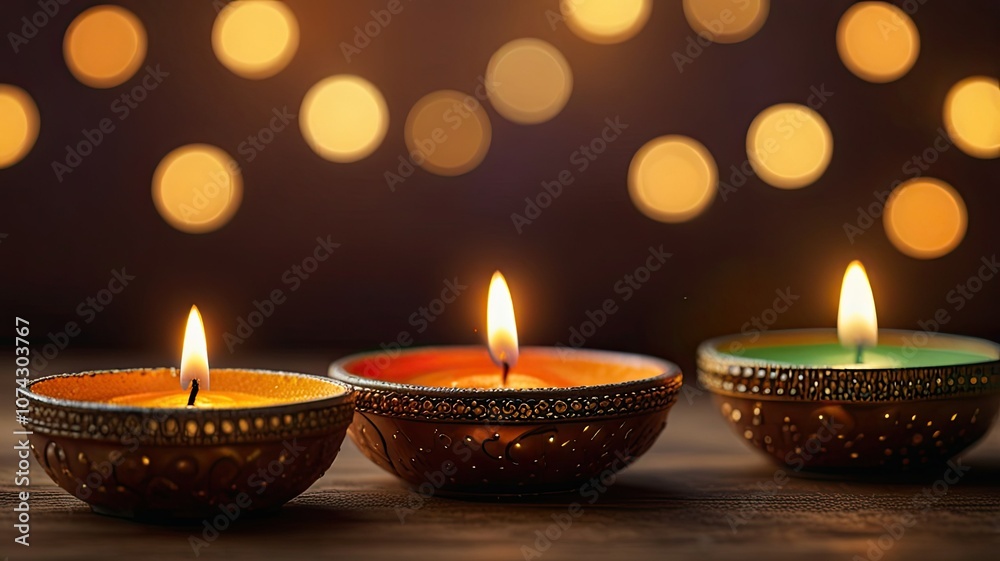 Three decorative candles glow warmly in their holders illuminating a festive atmosphere filled with soft bokeh lights in the evening Three decorative candles glow warmly in their holders illuminating a festive atmosphere filled with soft bokeh lights in the evening