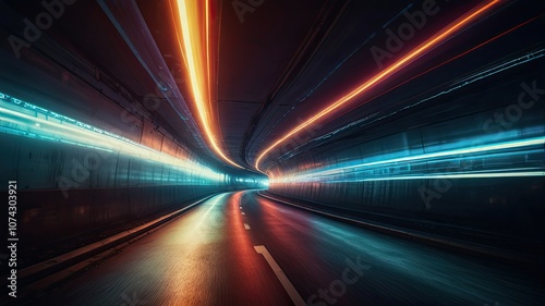 Dynamic light trails create a sense of speed and motion in a curved tunnel reflecting the excitement of night travel on smooth asphalt