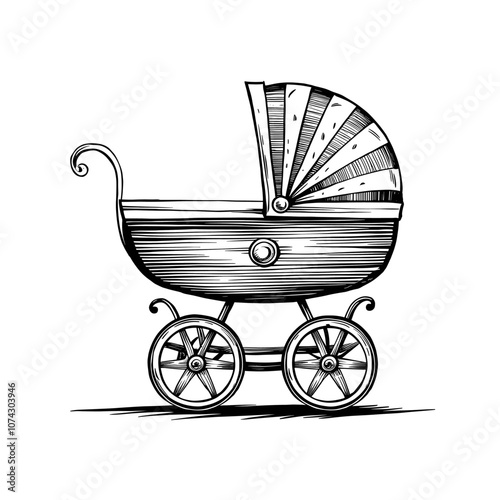 Pram ink sketch drawing, black and white, engraving style vector illustration