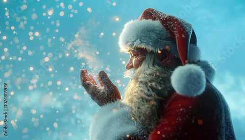 Santa Claus Blowing Sparkling Stardust Hands Blue Background Sparkling Stars Copy Space Christmas New Year Gift Card
