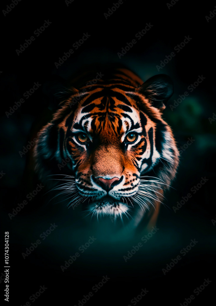Powerful Tiger Staring Intently Through the Darkness, Symbolizing Strength and Majesty in the Wilderness with Striking Orange and Black Stripes Against a Dark Background Powerful Tiger Staring Intently Through the Darkness, Symbolizing Strength and Majesty in the Wilderness with Striking Orange and Black Stripes Against a Dark Background