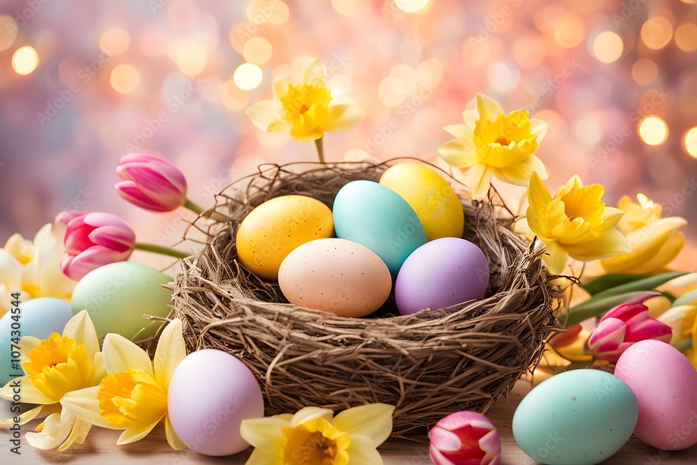 Obraz premium A scene with vibrant tulips and daffodils surrounding a nest of pastel easter eggs, Ai Generated