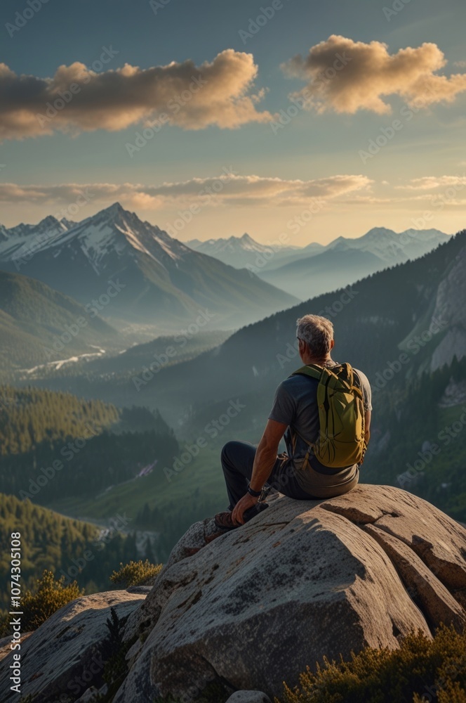 Back view Adult man hiker sitting on a rock while enjoying a mountain view on top of the mountain Back view Adult man hiker sitting on a rock while enjoying a mountain view on top of the mountain