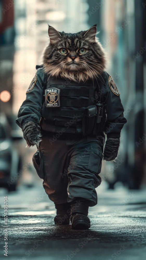 Obraz premium Fluffy fat cat walking in a police officer uniform looking serious and determined on patrol