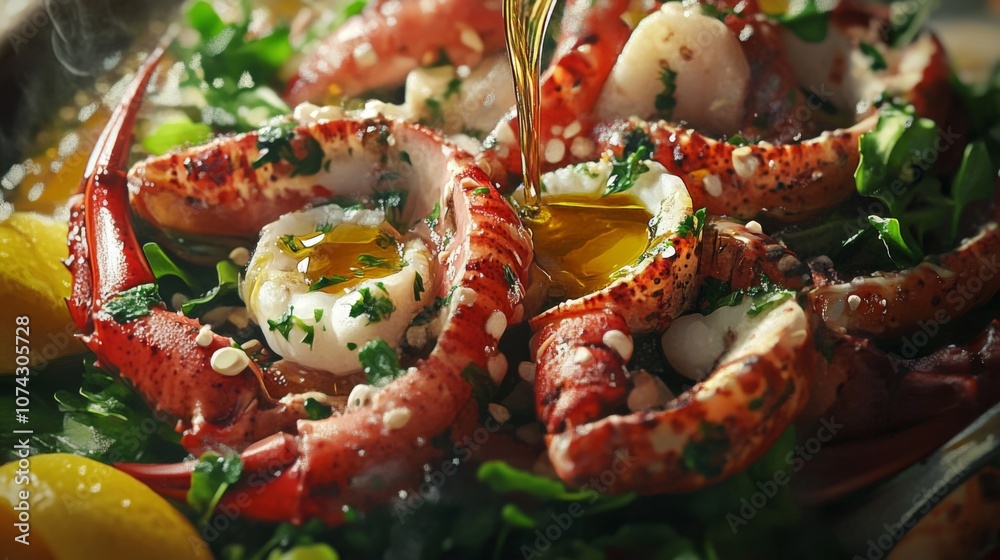 Seafood salad with a drizzle of extra virgin olive oil and fresh herbs Seafood salad with a drizzle of extra virgin olive oil and fresh herbs