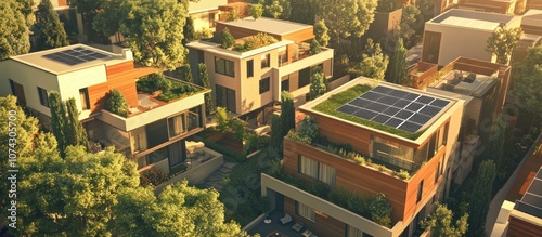 Modern eco-friendly houses with solar panels on the roof and a rooftop garden, sunny day,