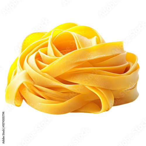 Uncooked pasta fettuccine noodles piled on a white background with transparent background.